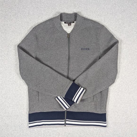 Michael Kors Track Jacket Mens Small Full Zip Gray Navy White Knit Bomber Stripe - Picture 4 of 12